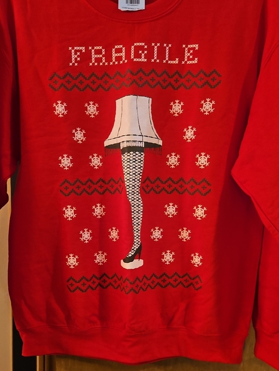 Sweaters - Holiday Novelty Red Graphic Sweatshirt - Fragile Lamp Leg Design